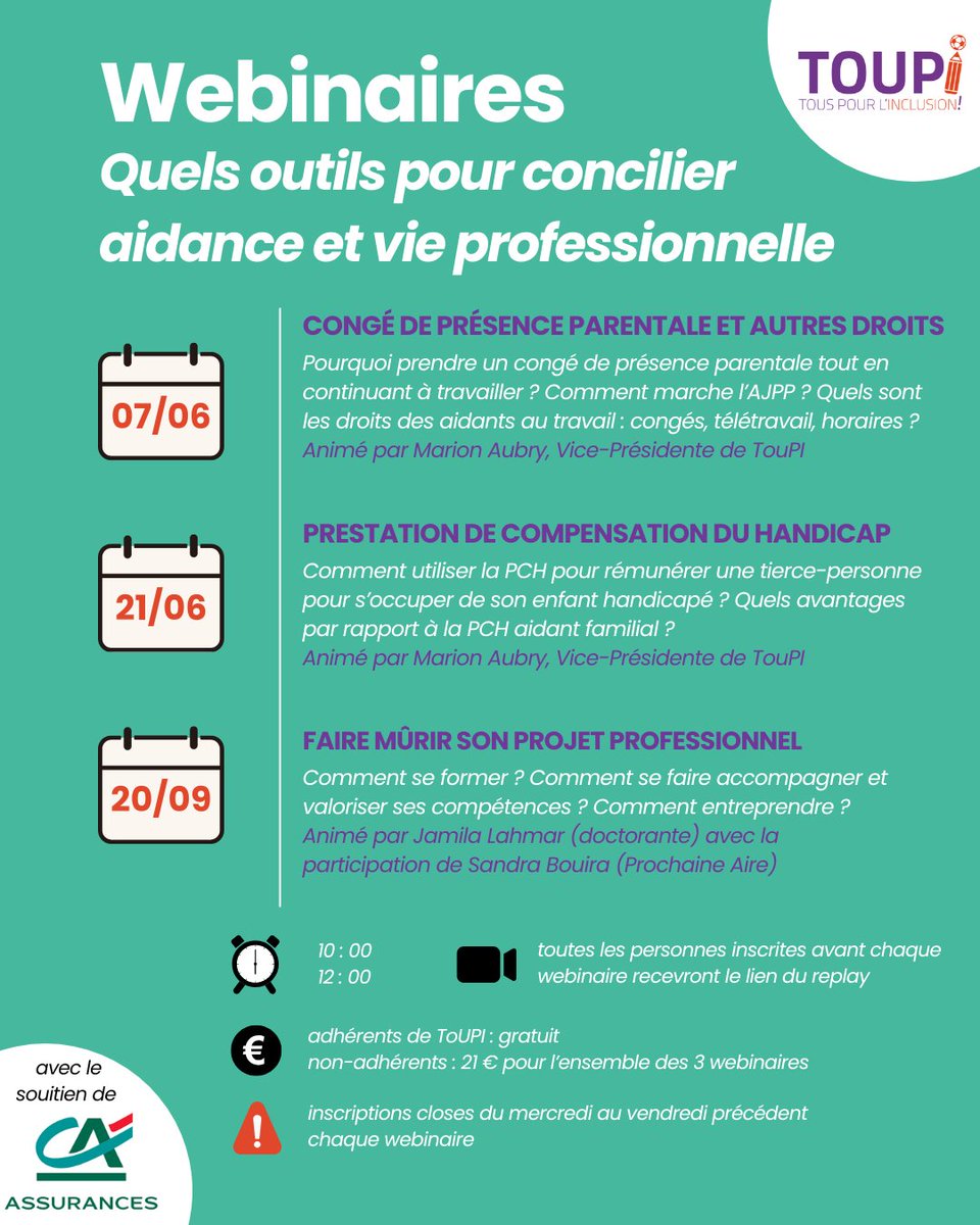 TouPI (@toupiasso) on Twitter photo 👩💼 Vous êtes aidant•e et vous travaillez ou souhaitez travailler ?
TouPI propose 3 webinaires pour vous aider à concilier vie d’aidant•e et vie pro 🎯
🎟️ Gratuit adhérents | 21 € non-adhérents
⏳Inscription avant le 4/06 à 14h 👉 toupi-5dc97620b7bb6.assoconnect.com/collect/descri…
Avec <a href="/CA_Assurances/">Crédit Agricole Assurances</a> 💚 👩💼 Vous êtes aidant•e et vous travaillez ou souhaitez travailler ?
TouPI propose 3 webinaires pour vous aider à concilier vie d’aidant•e et vie pro 🎯
🎟️ Gratuit adhérents | 21 € non-adhérents
⏳Inscription avant le 4/06 à 14h 👉 toupi-5dc97620b7bb6.assoconnect.com/collect/descri…
Avec <a href="/CA_Assurances/">Crédit Agricole Assurances</a> 💚