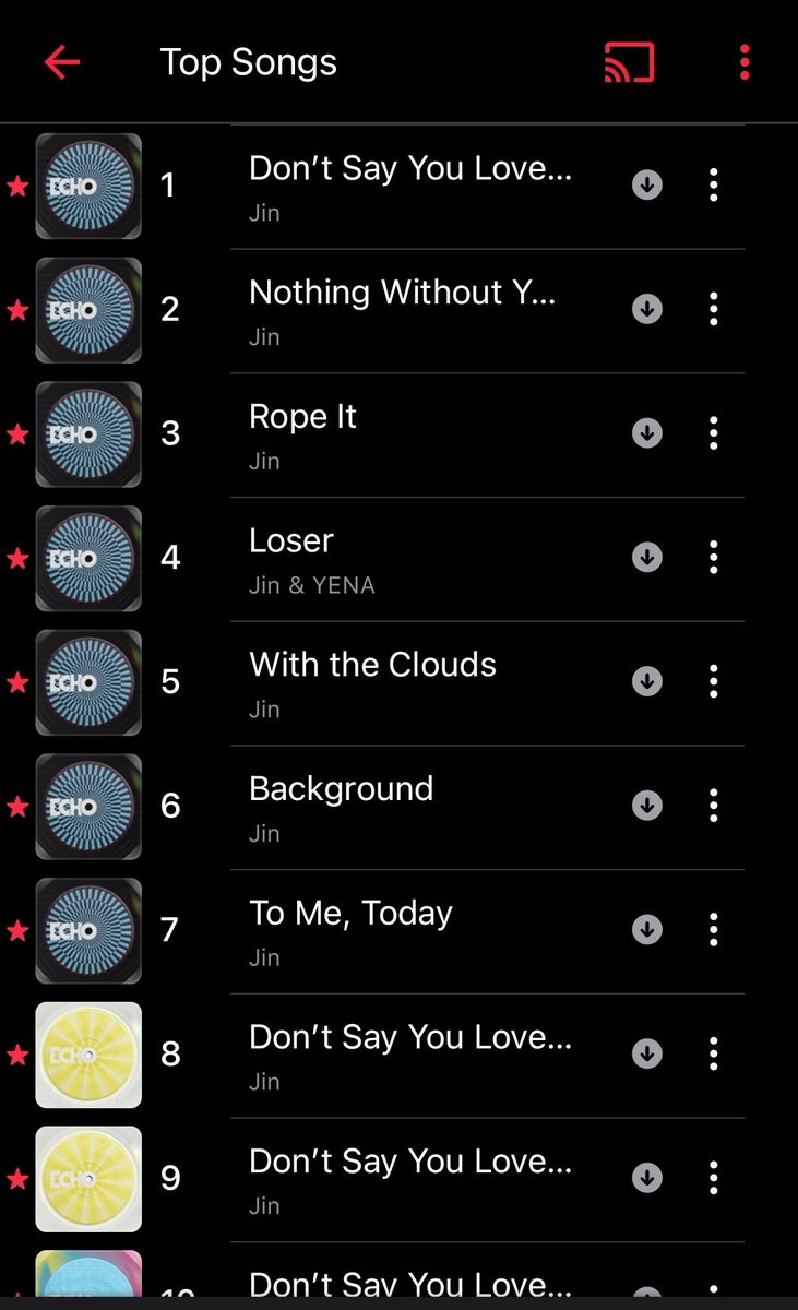 Jin occupying the entire top 7 on Apple Music Morocco Top songs All Genres chart, the entire top 10 on Pop Genres and the entire top 15 on K-Pop Genres charts with #Jin_Echo and #Dont_Say_You_Love_Me