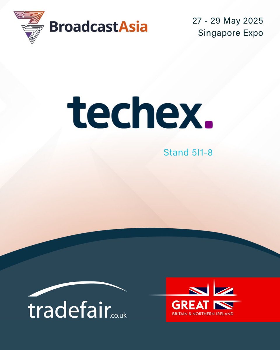 TFSUK's tweet image. At @BroadcastAsia 2025, @TechexUK will be in the UK Pavilion - Stand 5I1-8.

#Techex is trusted by global broadcasters to transport, protect, and transform high-value #livevideo over #IP and in the #cloud.

Find out more 👉 techex.tv

#UKatBCA25 #BroadcastAsia2025