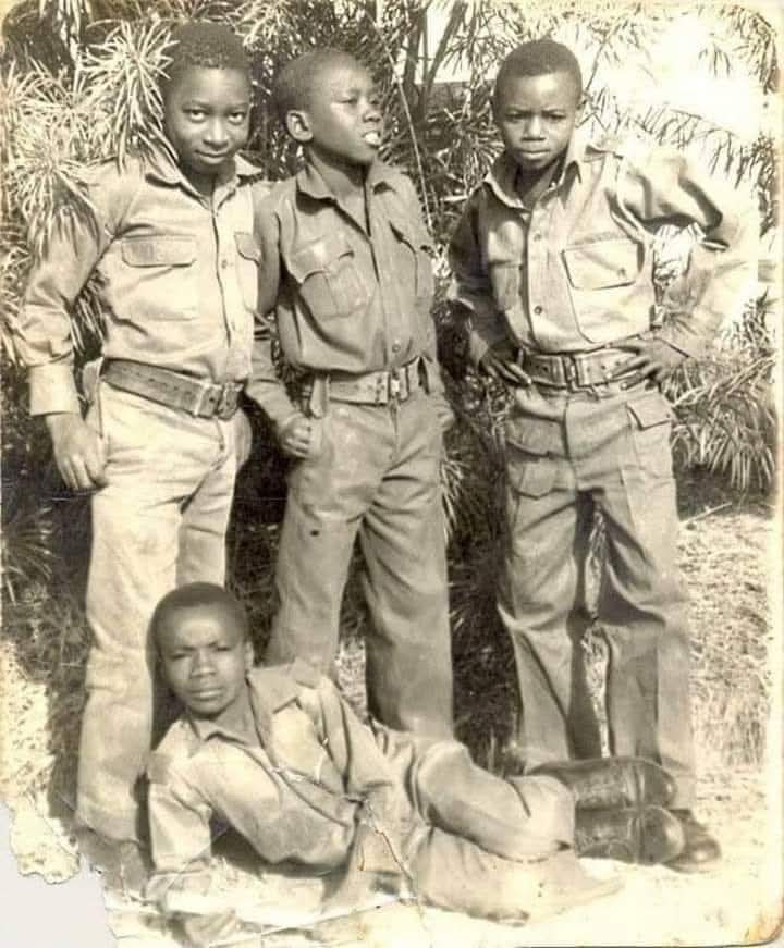 NaijaHistoryGrp's tweet photo. *Boy Soldiers of the Nigeria Military School, Zaria, September 1975.

From the left standing; Rotimi Aina (now Lagos based business man), Arthur Jarvis Archibong (now Chancellor of  Arthur Jarvis University, Calabar), Patrick Akosibo (now Retired Group Captain). https://t.co/MnBNyaaah1