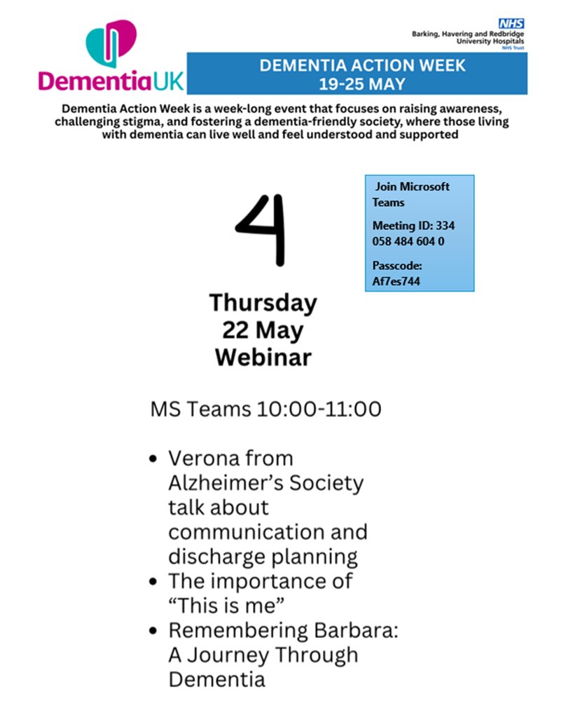 Please join us today for a special webinar where we will be discussing, the discharge process from hospital for someone living with dementia, the importance of ‘This is Me’ and showing a video of 'Barbara's story.