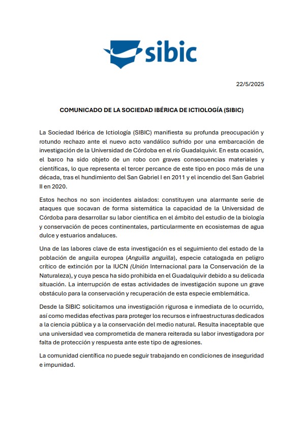 1/6🚨 Desde la Sociedad Ibérica de Ictiología (SIBIC) denunciamos un nuevo acto vandálico contra la ciencia en el Guadalquivir.