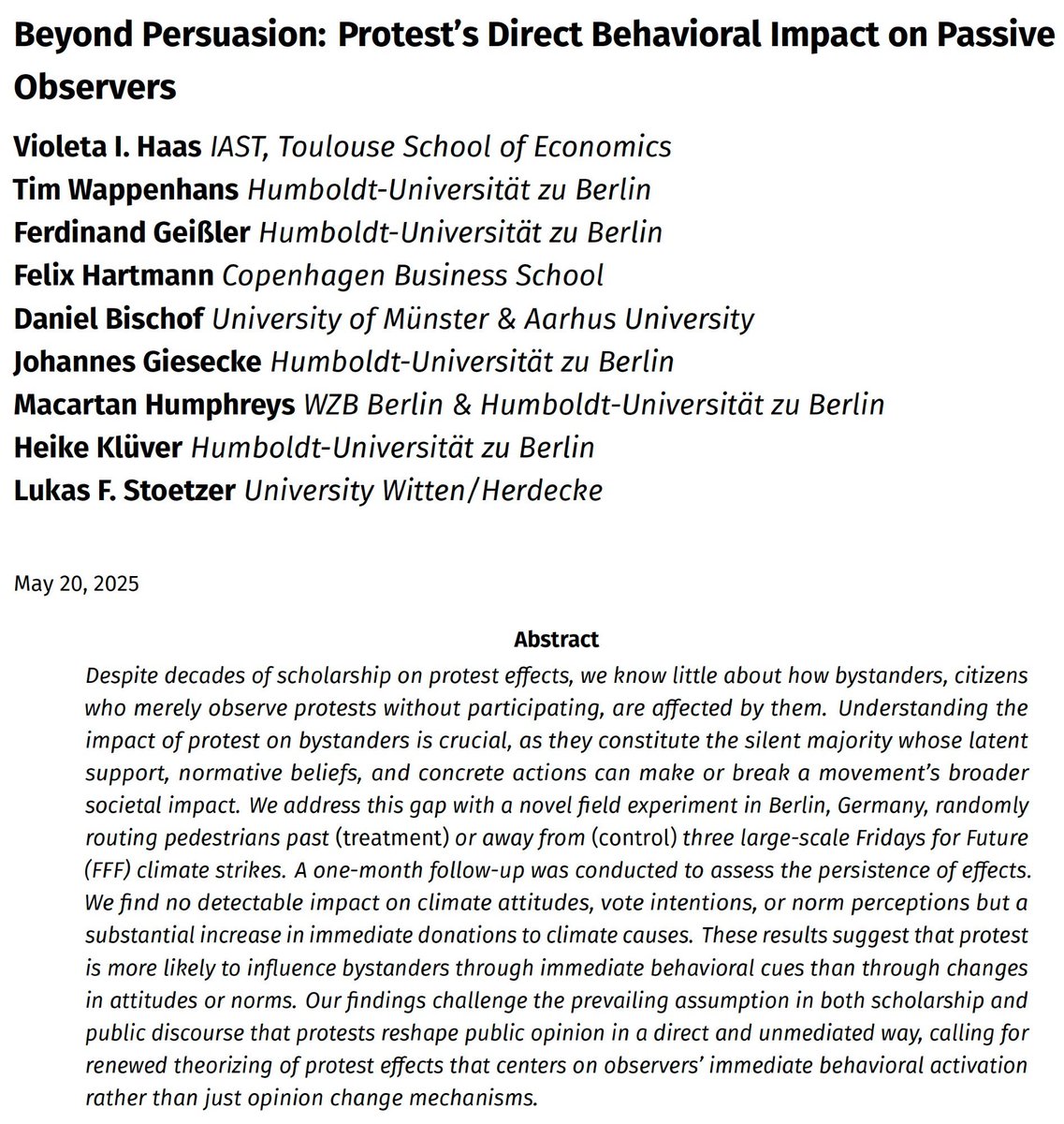 HeikeKluever's tweet image. Very excited to give a talk at the @EUI_EU today presenting field experimental evidence on the effect of political protests on bystanders