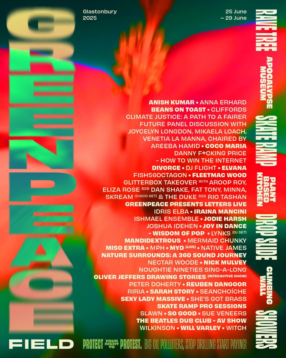 Glastonbury Festival (@glastonbury) on Twitter photo Here’s <a href="/GreenpeaceUK/">Greenpeace UK</a>'s line-up for Glastonbury 2025!
Head to their field for sets from a hugely diverse range of live acts and DJs, and to learn more about their fantastic work for a more inclusive, peaceful and fairer planet.
-
GREENPEACE FIELD
ANISH KUMAR
ANNA ERHARD
BEANS Here’s <a href="/GreenpeaceUK/">Greenpeace UK</a>'s line-up for Glastonbury 2025!
Head to their field for sets from a hugely diverse range of live acts and DJs, and to learn more about their fantastic work for a more inclusive, peaceful and fairer planet.
-
GREENPEACE FIELD
ANISH KUMAR
ANNA ERHARD
BEANS