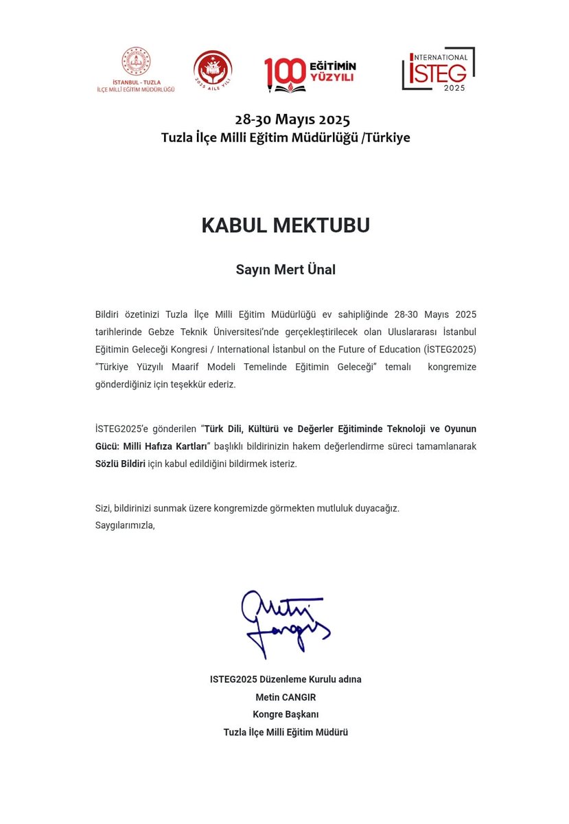 Türk Dili ve Edebiyatı öğretmenimiz Sibel SELÇUK danışmanlığında öğrencimiz Mert ÜNAL’ın bildirisi, Gebze Teknik Üniversitesi’nde düzenlenecek Uluslararası İstanbul Eğitimin Geleceği Kongresi’ne kabul edildi tebrik ederiz