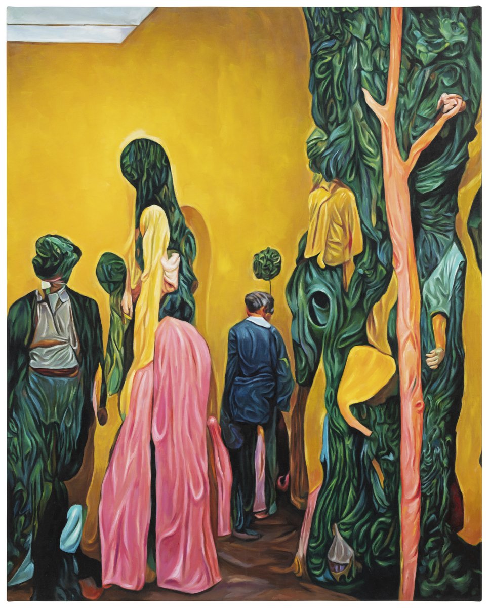 The figures in Willem Andersson’s paintings turn introspectively inward, avoiding direct gaze. His works depict stylish public and private spaces—galleries, salons, and elegant lobbies. The humanoid figures, seen from behind, have hidden eyes and bodies draped in fabric.
