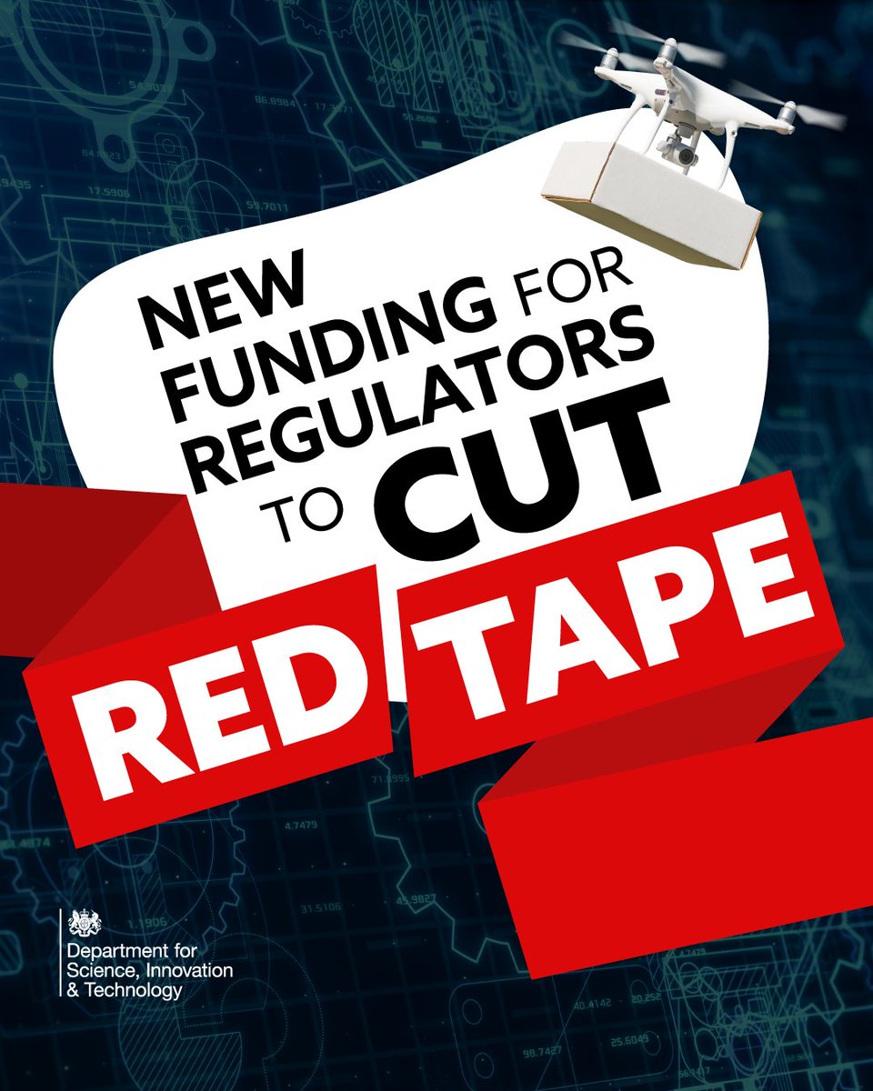 Department for Science, Innovation and Technology (@scitechgovuk) on Twitter photo Red tape shouldn't stand in the way of innovations that could save lives.
That's why we're investing £5.5m to help bring new tech to market quicker – like using AI to speed up clinical trials and drones for emergency medical deliveries. 
Better services, delivered faster. Red tape shouldn't stand in the way of innovations that could save lives.
That's why we're investing £5.5m to help bring new tech to market quicker – like using AI to speed up clinical trials and drones for emergency medical deliveries. 
Better services, delivered faster.