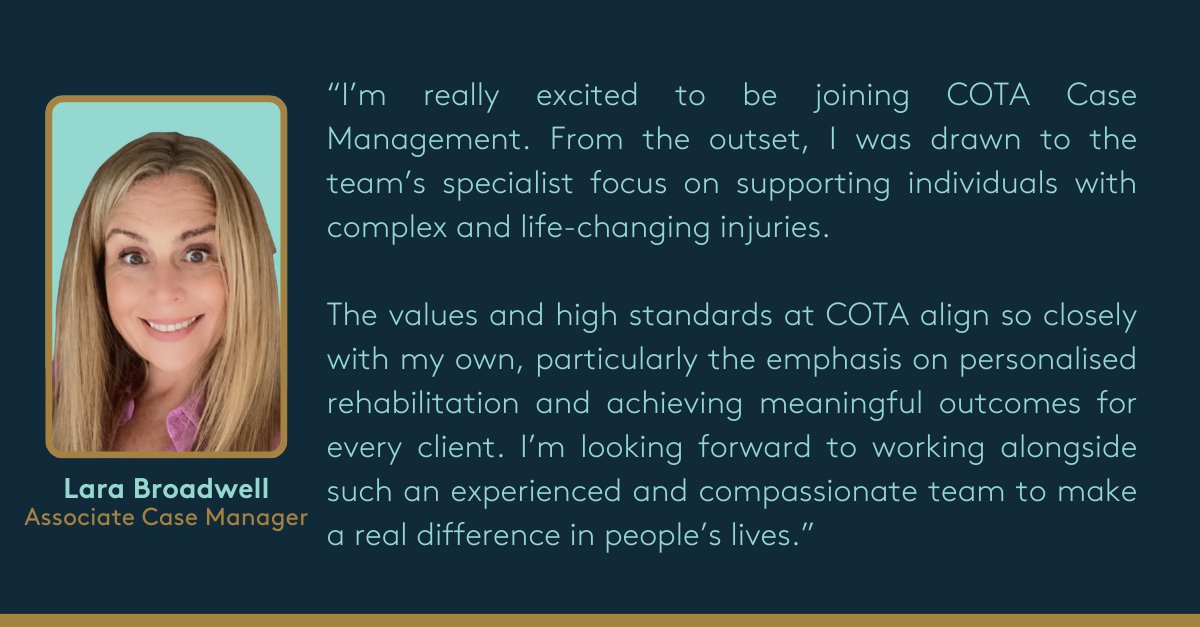 We’re delighted to welcome Lara Broadwell to COTA! Bringing 18+ years’ experience in #SeriousInjury #Rehabilitation she will be supporting our clients in the north. Learn more: cota-cm.com/meet-the-team/… 

#CaseManagement #ClinicalNegligence