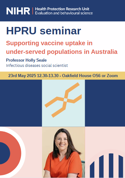 HPRU_EBS's tweet image. 📅Coming up this FRIDAY📅
HPRU ESB Seminar - 23rd May 12:30-13:30:
Supporting vaccine uptake in under-served populations in Australia. More ➡️bit.ly/42xqzmL