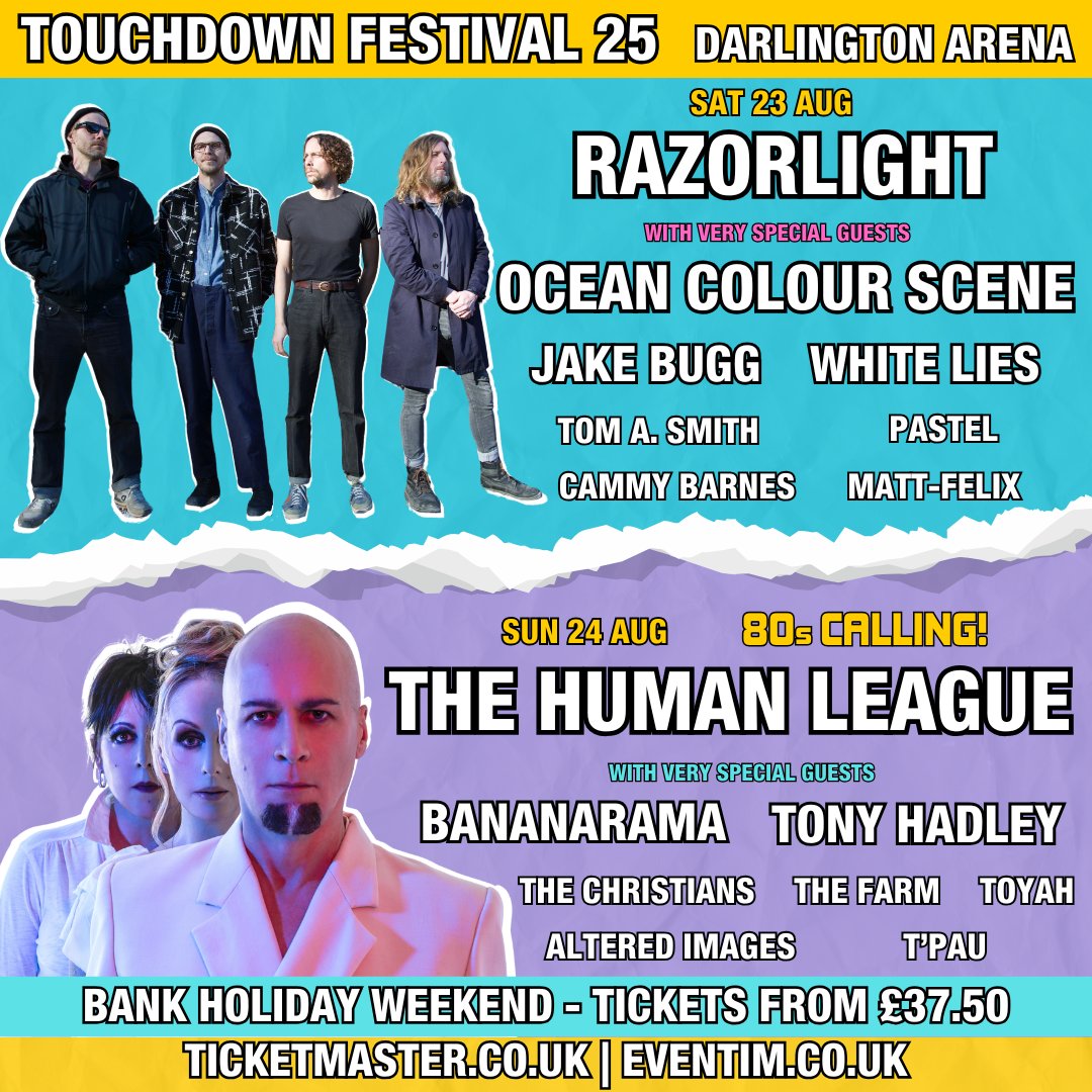 Liz Hobbs Group (@lizhobbs_group) on Twitter photo 🎉 Touchdown Festival is HERE! 🎶 Get ready for a weekend of massive live music at <a href="/ArenaDarlington/">The Darlington Arena</a> this August Bank Holiday!
🔥 Sat 23rd: <a href="/Razorlight/">Razorlight</a> <a href="/OCSmusic/">Ocean Colour Scene</a> + more
💃 Sun 24th: 80s Calling! <a href="/humanleagueHQ/">THL</a> <a href="/VivaBananarama/">Bananarama Official</a> + more
Don’t miss out 👉 bit.ly/436D88U 🎉 Touchdown Festival is HERE! 🎶 Get ready for a weekend of massive live music at <a href="/ArenaDarlington/">The Darlington Arena</a> this August Bank Holiday!
🔥 Sat 23rd: <a href="/Razorlight/">Razorlight</a> <a href="/OCSmusic/">Ocean Colour Scene</a> + more
💃 Sun 24th: 80s Calling! <a href="/humanleagueHQ/">THL</a> <a href="/VivaBananarama/">Bananarama Official</a> + more
Don’t miss out 👉 bit.ly/436D88U