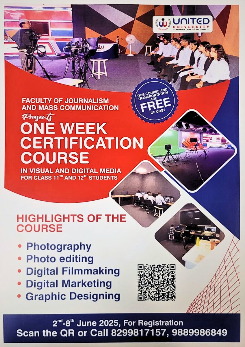 UnitedUnivers's tweet image. Turn Creativity into Career Skills!

Class 11 &amp;amp; 12 students! Join United University’s FREE 1-week Media Course (2–8 June 2025)!

📸 Photography
🎬 Filmmaking
🎨 Design
📲 Digital Marketing

Hands-on training + free transport!
📞 8299817157 / 9889986849
#CreateWithConfidence