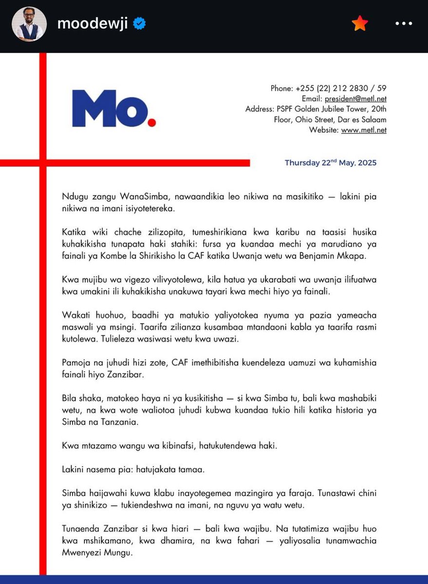 CAF’s decision to relocate the CAF Confederation Cup final to Zanzibar, despite Benjamin Mkapa Stadium meeting all standards, raises serious questions. 

Why favor RS Berkane? Why this repeated bias toward North African clubs? African football needs answers and justice.

<a href="/CAFCLCC/">TotalEnergies CAFCL & CAFCC 🏆</a>