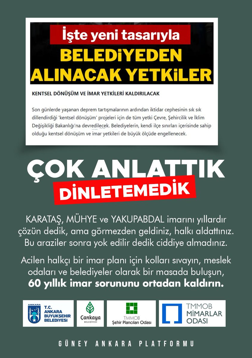 Karataş, Mühye ve Yakupabdal'ın talan edilmesinin yegane suçlusu Ankara Büyükşehir Belediyesi, Çankaya Belediyesi, Mimarlar Odası ve Şehir plancıları odası olacaktır. 
<a href="/hcanguner/">Hüseyin Can Güner</a> <a href="/mansuryavas06/">Mansur Yavaş</a> <a href="/spoank/">TMMOB Şehir Plancıları Odası Ankara Şubesi</a> <a href="/mimodank/">Mimarlar Odası Ankara Şubesi</a> <a href="/mim_coskuntorun/">Coşkun Torun</a> <a href="/eczozgurozel/">Özgür Özel</a> <a href="/MTanal/">Av.Mahmut TANAL</a>