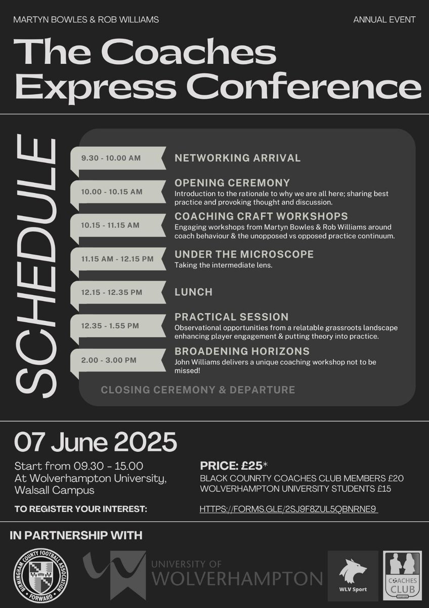 Birmingham County FA (@birminghamfa) on Twitter photo ๐๐๐ฅ๐ฅ๐ข๐ง๐ ๐๐ฅ๐ฅ ๐๐จ๐๐๐ก๐๐ฌ ๐ฃ
'The Coaches Express Conference', will take place at Wolverhampton University, Walsall Campus on Saturday 7th June ๐ค
Featuring coaching demonstrations, workshops and breakout sessions, coach behaviour, practice design and guest speakers! ๐๐๐ฅ๐ฅ๐ข๐ง๐ ๐๐ฅ๐ฅ ๐๐จ๐๐๐ก๐๐ฌ ๐ฃ
'The Coaches Express Conference', will take place at Wolverhampton University, Walsall Campus on Saturday 7th June ๐ค
Featuring coaching demonstrations, workshops and breakout sessions, coach behaviour, practice design and guest speakers!