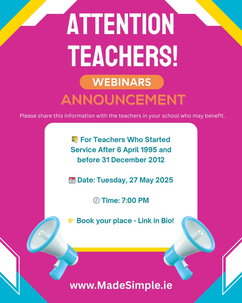 Teachers’ Pension Scheme Webinar For Teachers Who Started Service before 5 April 1995 (D rate of PRSI)

📆 Date: Wednesday, 28 May 2025

🕖 Time: 7:00 PM

👉 Book your place - Visit madesimple.ie/resources/ or go directly to:

us02web.zoom.us/webinar/regist…
