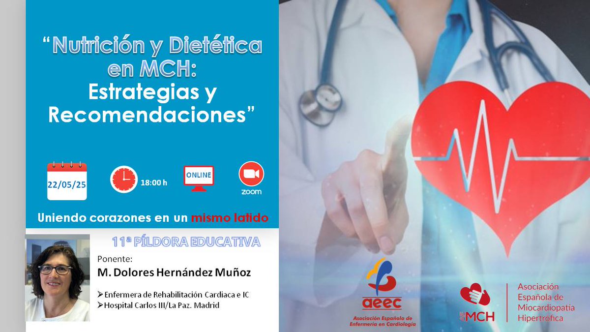 Asociacion Española de Enfermeria en Cardiologia (@aeec_enfcardio) on Twitter photo 📅 ES HOY!
"Nutrición y Dietética en MCH: Estrategias y Recomendaciones"
Organiza: @AEECardio y @MCH_Esp
📩 Info: ae.miocardiopatia.hipertrofica@gmail.com
Link: us06web.zoom.us/j/82099482998?…
#Cardiología #SaludCardiaca #Nutrición #MCH 📅 ES HOY!
"Nutrición y Dietética en MCH: Estrategias y Recomendaciones"
Organiza: @AEECardio y @MCH_Esp
📩 Info: ae.miocardiopatia.hipertrofica@gmail.com
Link: us06web.zoom.us/j/82099482998?…
#Cardiología #SaludCardiaca #Nutrición #MCH