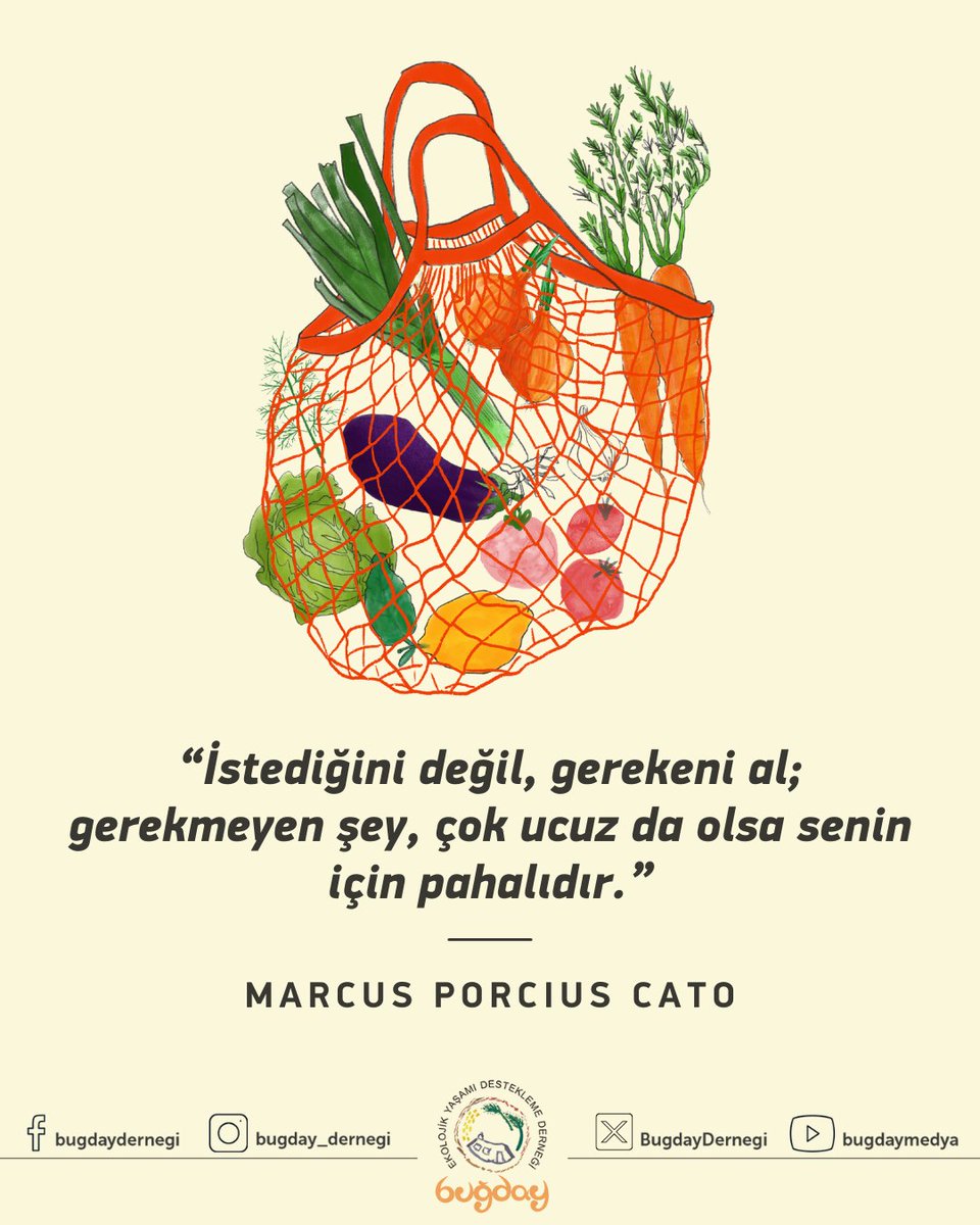 BugdayDernegi's tweet photo. “İstediğini değil, gerekeni al; gerekmeyen şey, çok ucuz da olsa senin için pahalıdır.” ~ Marcus PorcIus Cato

#BuğdayDerneği #MarcusPorciusCato #Alıntı #TüketmeTüret #GönüllüSadelik https://t.co/KsGd0KaDfy