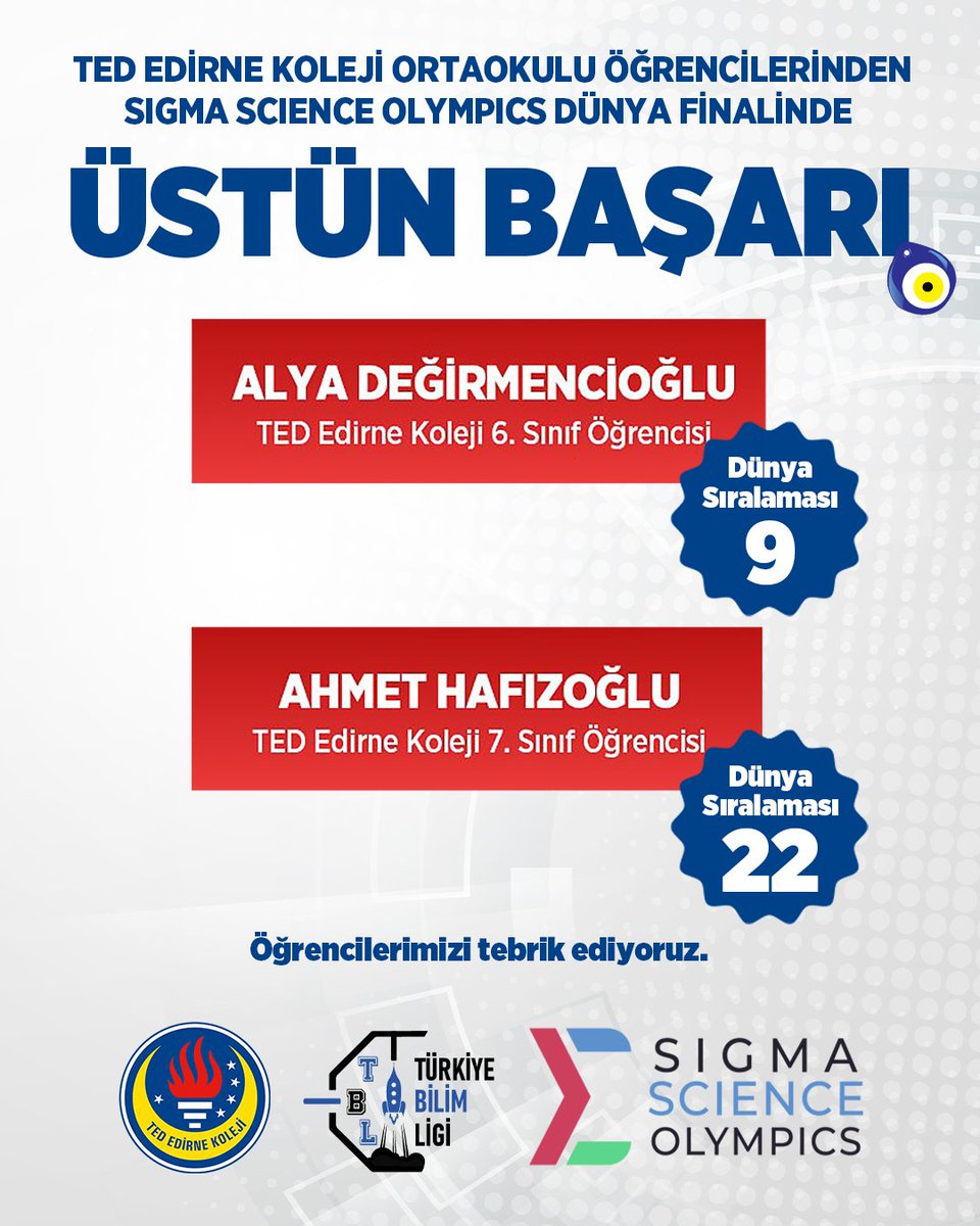 🌍 Sigma Science Olympics Dünya Finali’nde yarışan #TEDEdirneKoleji Ortaokulu öğrencilerimizden üstün başarı! 🏅 6. sınıf öğrencilerimizden Alya Değirmencioğlu, dünya sıralamasında 9. olarak Üstün Başarı Sertifikası, madalya ve kitap seti ile ödüllendirildi. 7. sınıf