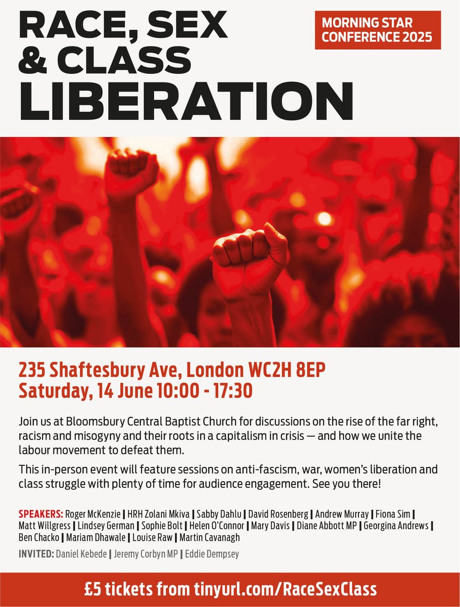 JOIN US on 14 June in central London for Race, Sex &amp; Class Liberation!
Tickets £5 from tinyurl.com/RaceSexClass
SHARE=>SHARE=>SHARE
