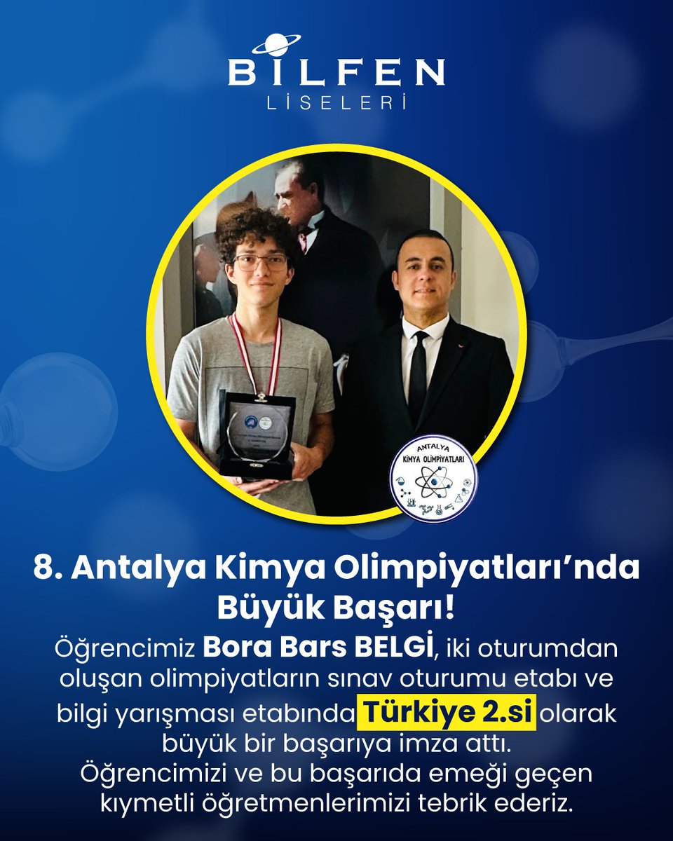 8. Antalya Kimya Olimpiyatlarında Büyük Başarı!
Öğrencimiz Bora Bars BELGİ, iki oturumdan oluşan olimpiyatların sınav oturumu etabı ve bilgi yarışması etabında Türkiye 2. si olarak büyük bir başarıya imza attı. 
Öğrencimizi ve emeği geçen öğretmenlerimizi tebrik ederiz.
#bilfen