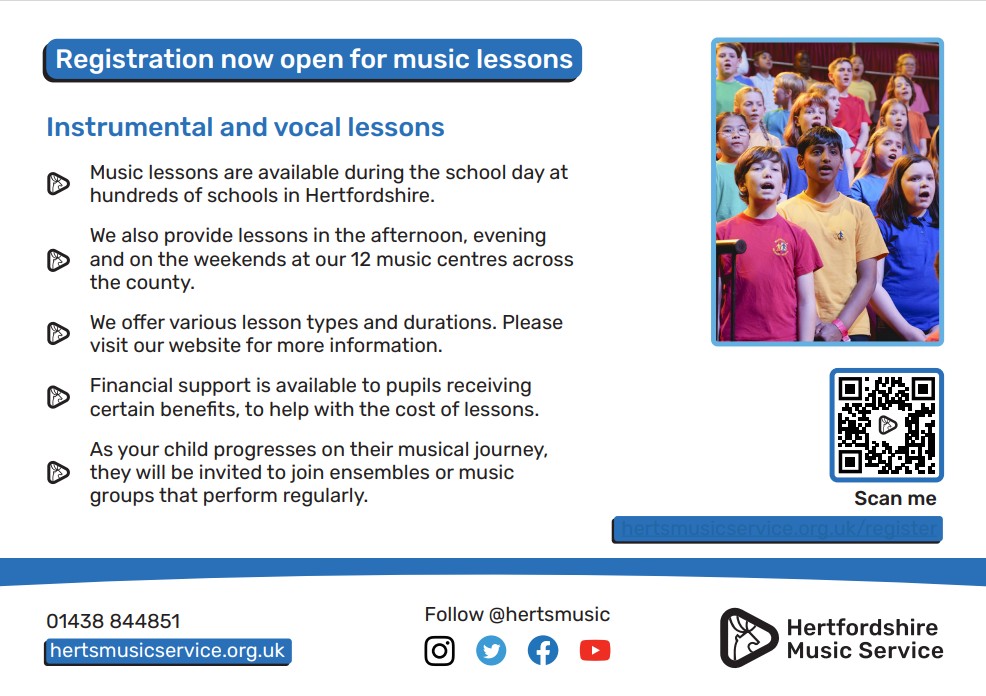 🎻Calling all future Year 7s

Is your child ready to discover the joy of music?
From September, they can learn instruments like piano, guitar, drums, violin &amp; more, all through expert lessons with Hertfordshire Music Service, delivered right here at school!

#HertsMusicService