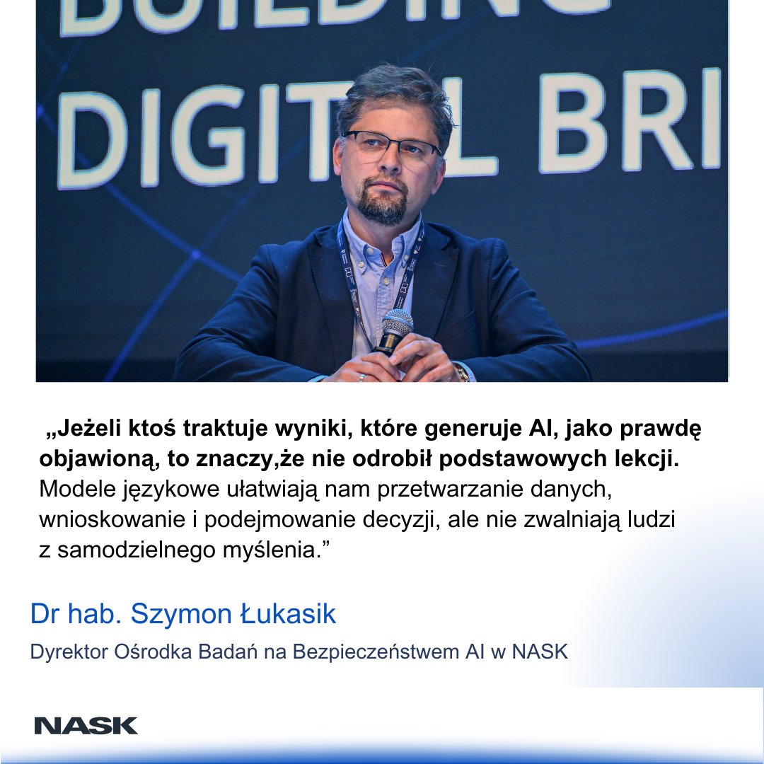 NASK (@nask_pl) on Twitter photo 🗨️ Jeżeli ktoś traktuje wyniki, które generuje #AI, jako prawdę objawioną, to znaczy, że nie odrobił podstawowych lekcji - mówił <a href="/szymonluk/">szymonlukasik</a>, dyrektor Ośrodka Badań nad Bezpieczeństwa AI w NASK, podczas szczytu #GovTech4Europe.
W Rzeszowie trwa dwudniowa konferencja, która jest 🗨️ Jeżeli ktoś traktuje wyniki, które generuje #AI, jako prawdę objawioną, to znaczy, że nie odrobił podstawowych lekcji - mówił <a href="/szymonluk/">szymonlukasik</a>, dyrektor Ośrodka Badań nad Bezpieczeństwa AI w NASK, podczas szczytu #GovTech4Europe.
W Rzeszowie trwa dwudniowa konferencja, która jest