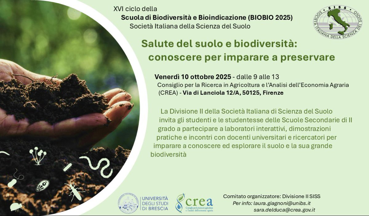 Happy #BiodiversityDay to all belowground and aboveground soil organisms! Division II of #SISSSuolo will organize the XVI School on Biodiversity and Bioindication (BIOBIO) in Florence on 10th October promoting the study of #soil sciences and #biodiversity #SISSNews #InSoilWeTrust