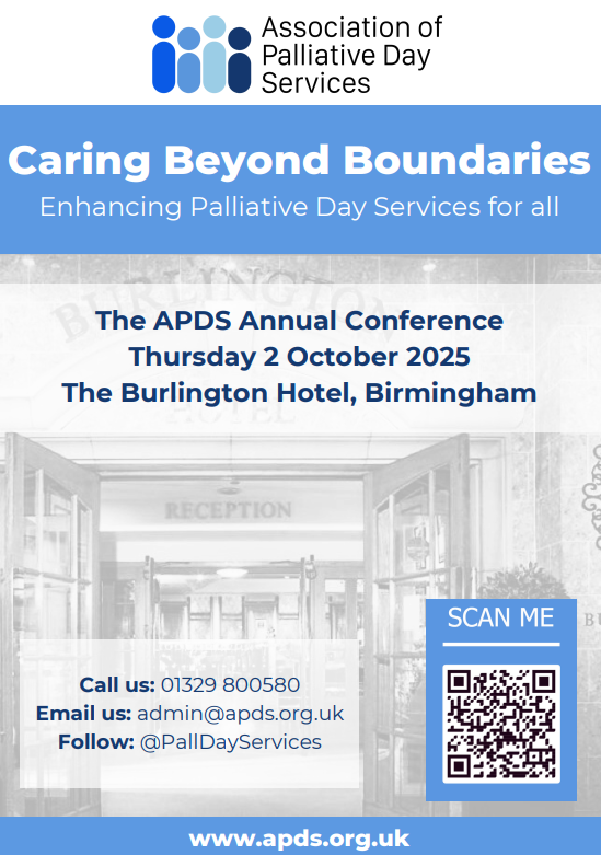 Join us for the APDS Annual Conference 
Caring Beyond Boundaries:
Enhancing Palliative Day Services for all 

Thursday 2 October 2025 
The Burlington Hotel, Birmingham
apds.org.uk/events/apds-an…