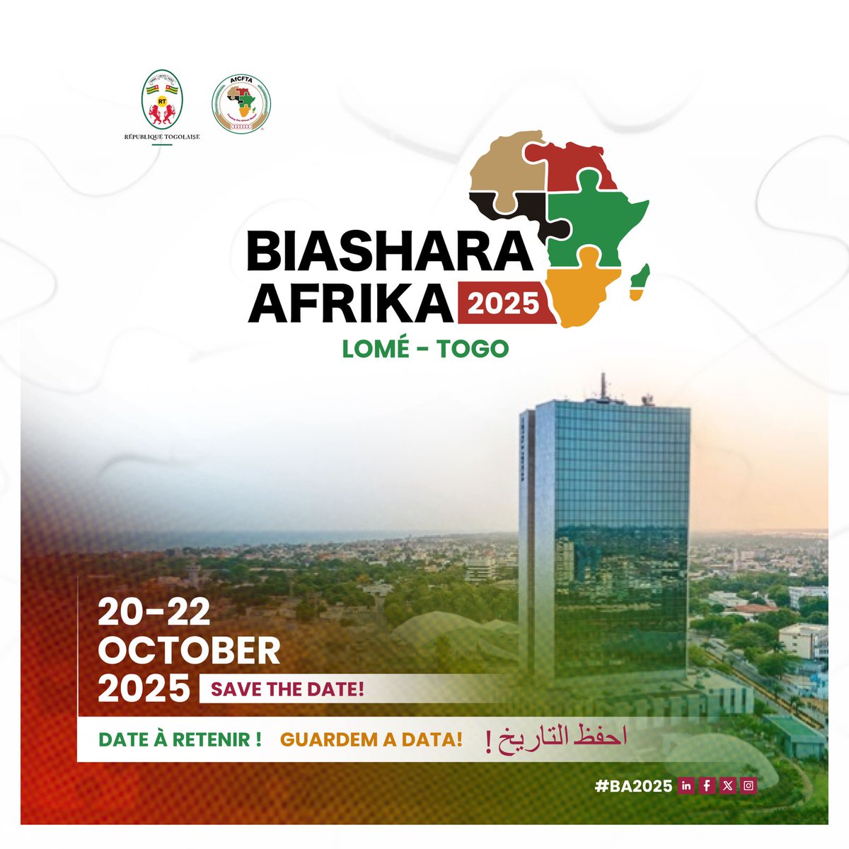 SP_AfCFTA's tweet image. Save the Date!
Biashara Afrika 2025
20–22 October | Lomé, Togo
The AfCFTA’s premier platform for public-private dialogue returns — connecting businesses, policymakers, and innovators to shape Africa’s trade future.
#BA2025 | #CreatingOneAfricanMarket