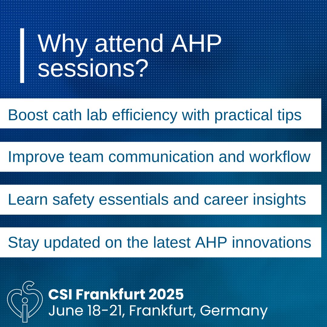 ✨ Calling all cath lab professionals! Don’t miss the AHP sessions at CSI Frankfurt—designed to empower your daily practice, safety, and teamwork.

🔍 Learn more: csi-congress.org/conferences-co…

👉 Register now: csi-congress.org/registration

#CSIFrankfurt #CathLab #AHP