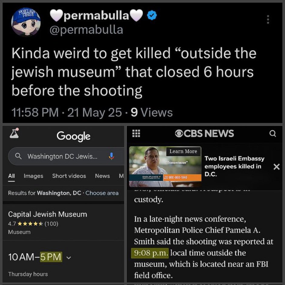 So you’re telling me two Israeli diplomats got kiIIed across the street from an FBI field office outside a Jewish museum that had *closed* 4 hours earlier and one day after Israel fired at European diplomats and Europe was talking SANCTIONS and you DON’T think it’s a False flag?