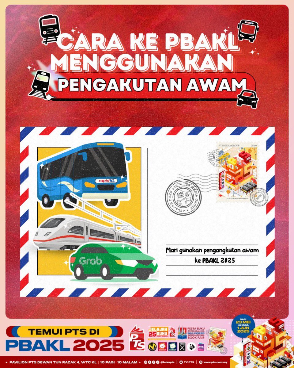 bukuPTS's tweet photo. Rancang perjalanan anda dengan bijak untuk ke PBAKL 2025 dari sekarang! Gunakan kemudahan pengangkutan awam bagi memudahkan dan melancarkan perjalanan anda. 

Meriahkan PBAKL 2025 bersama rakan-rakan dan keluarga dan jangan lupa untuk berkunjung ke reruai Pavilion PTS kerana kami menyediakan bahan bacaan yang terbaharu dan berkualiti serta aktiviti yang menarik untuk anda!

23 Mei – 1 Jun 2025
📍 Pavilion PTS, Dewan Tun Razak 4, WTC KL
🕙 10 pagi – 10 malam