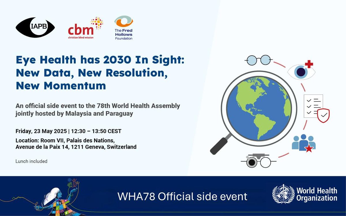CBM Christian Blind Mission (@cbmworldwide) on Twitter photo At #WHA78, #CBM joins global efforts for #InclusiveHealth! We're advocating for #HealthEquity & co-hosting a high-level #EyeHealth side event tomorrow, May 23, with @IAPB, <a href="/FredHollows/">Fred Hollows</a>, Malaysia 🇲🇾 & Paraguay 🇵🇾. Join us in Geneva!
RSVP here: bit.ly/4jbW3nD At #WHA78, #CBM joins global efforts for #InclusiveHealth! We're advocating for #HealthEquity & co-hosting a high-level #EyeHealth side event tomorrow, May 23, with @IAPB, <a href="/FredHollows/">Fred Hollows</a>, Malaysia 🇲🇾 & Paraguay 🇵🇾. Join us in Geneva!
RSVP here: bit.ly/4jbW3nD