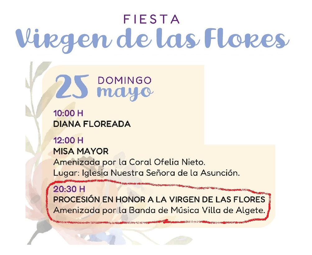 Feliz festividad de la Virgen de las Flores, Patrona de Algete.
Esta tarde acompañaremos a la Hermandad de la Virgen de las Flores y a todos los asistentes a la procesión en honor a la Virgen que recorrerá las calles de la Villa. 💐🎼☺️