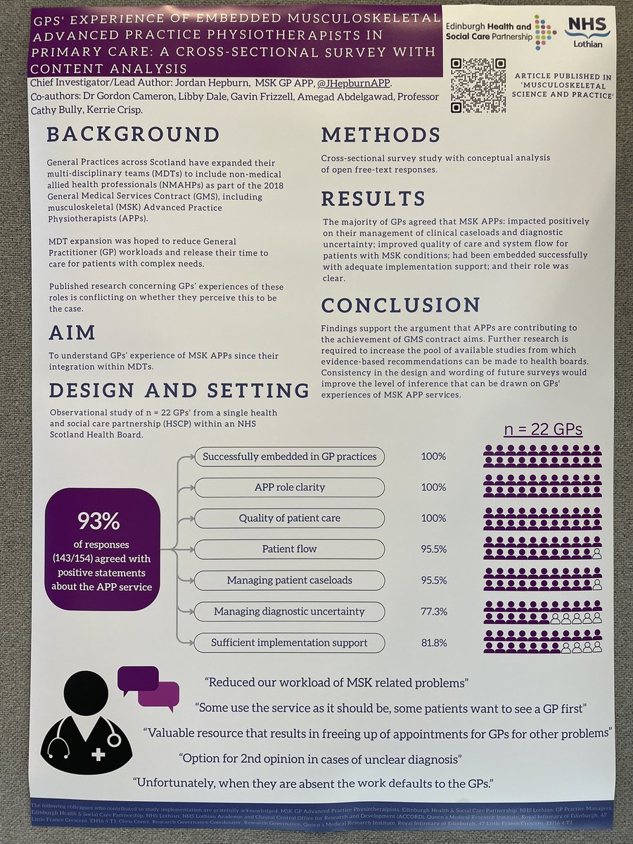Jordan Hepburn (@jhepburnapp) on Twitter photo Delighted to share findings from our research on GPs experience of MSK APPs in Primary Care at #2025R&DConf
Full article here:
pubmed.ncbi.nlm.nih.gov/39983524/
<a href="/EdinburghHSCP/">The Edinburgh Health and Social Care Partnership</a> <a href="/NHS_Lothian/">NHS Lothian</a>
<a href="/QMUniversity/">QueenMargaretUni</a> <a href="/MSKPhysioJnl/">MSKPhysioJournal</a> <a href="/thecsp/">Chartered Society of Physiotherapy (CSP)</a> Delighted to share findings from our research on GPs experience of MSK APPs in Primary Care at #2025R&DConf
Full article here:
pubmed.ncbi.nlm.nih.gov/39983524/
<a href="/EdinburghHSCP/">The Edinburgh Health and Social Care Partnership</a> <a href="/NHS_Lothian/">NHS Lothian</a>
<a href="/QMUniversity/">QueenMargaretUni</a> <a href="/MSKPhysioJnl/">MSKPhysioJournal</a> <a href="/thecsp/">Chartered Society of Physiotherapy (CSP)</a>