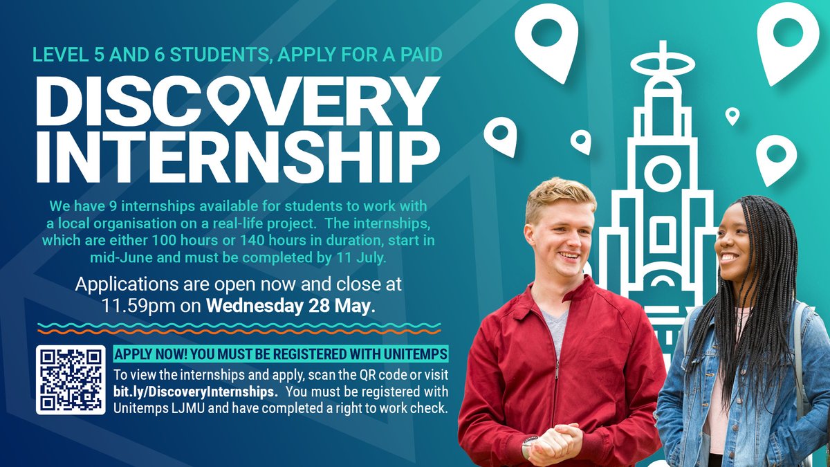 LJMU Student Futures team (@ljmucareers) on Twitter photo Second (L5) & final year (L6) <a href="/LJMU/">Liverpool John Moores University</a> students, apply for a paid, 100/140 hour internship working with a local business on a real-life project. 9 opps available, you must be registered with <a href="/UnitempsL/">Unitemps Liverpool John Moores University</a> to apply. Closing date: 11.59pm on Wed 28 May. Apply: bit.ly/DiscoveryInter… Second (L5) & final year (L6) <a href="/LJMU/">Liverpool John Moores University</a> students, apply for a paid, 100/140 hour internship working with a local business on a real-life project. 9 opps available, you must be registered with <a href="/UnitempsL/">Unitemps Liverpool John Moores University</a> to apply. Closing date: 11.59pm on Wed 28 May. Apply: bit.ly/DiscoveryInter…