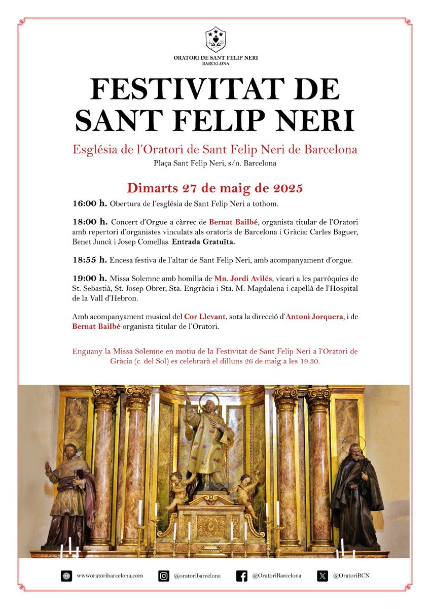 🔔🔔🔔Dimarts 27 de maig, a partir de les 4 de la tarda, celebrarem la 💐festa de⛪️Sant Felip Neri, hi sereu tots molt benvinguts!!!