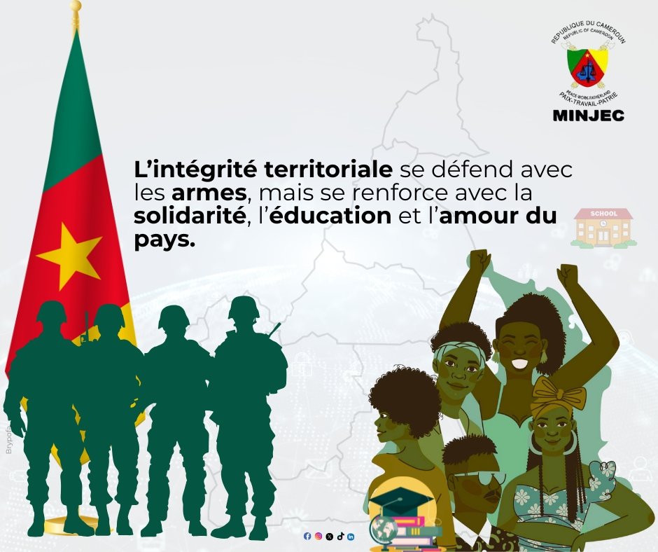 L'attachement à notre terre et la protection de notre territoire doit transcender toutes nos divergences...
       #OneAndIndivisible
       #Cameroun
       #MinistèredelaJeunesseetdelEducationCivique237