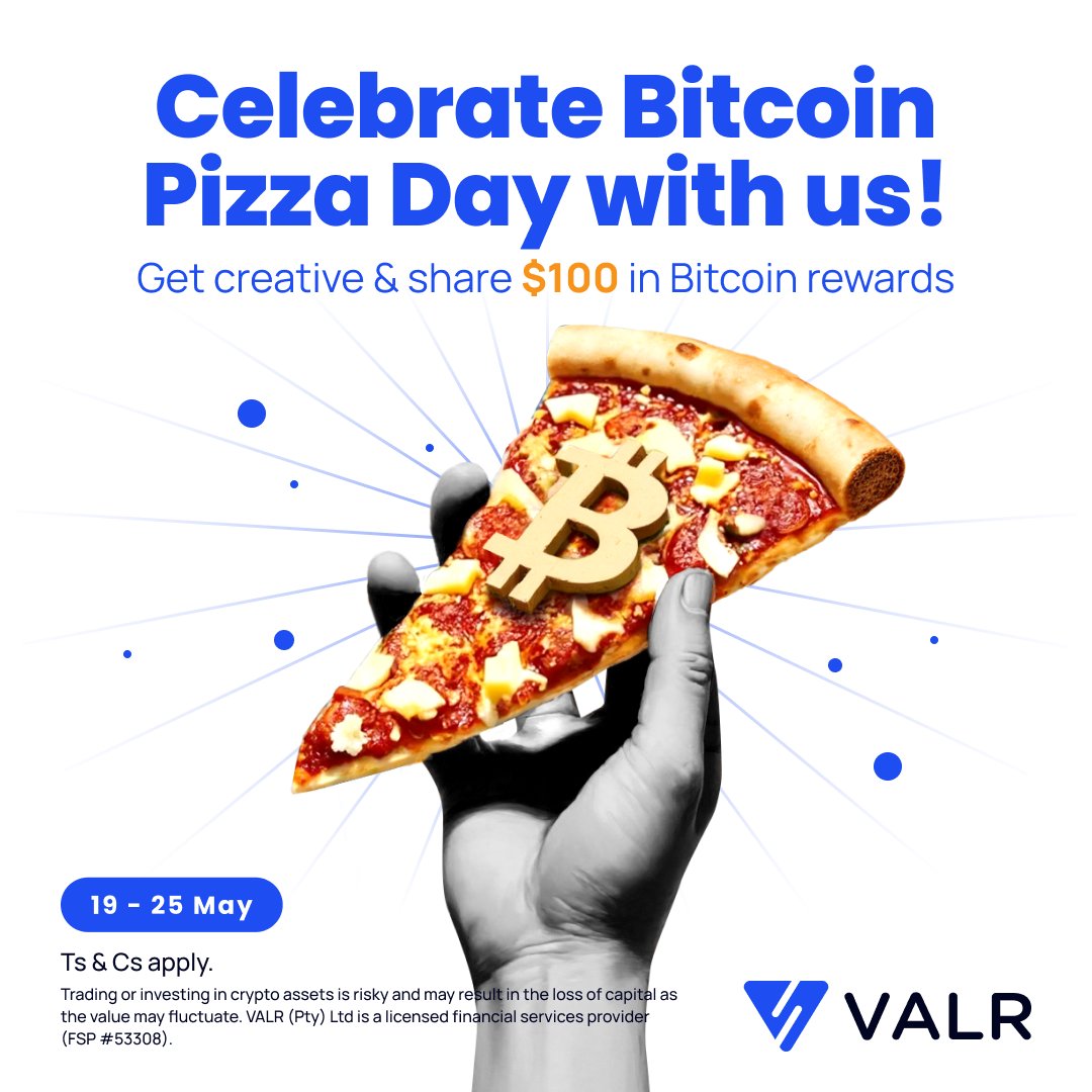 VALRdotcom's tweet photo. It's that time of year again! 🍕

Celebrate #BitcoinPizzaDay this week by: 

- Creating your own VALR-themed pizza image or artwork 
- Share it on X (tag @VALRdotcom) or in our Telegram Global channel: https://t.co/Xw1Ky1vrQk 
- Fill in this form: https://t.co/2CObMrJAhd https://t.co/q7O8EBszoc