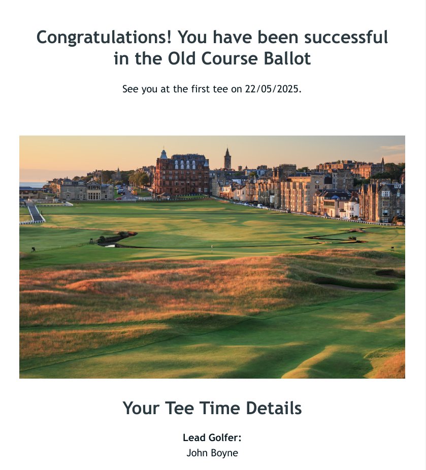 boynecaddiegolf's tweet photo. Always a delight to receive this email and then confirm on the Old Course tee time listing for Thursday 22nd May ...Fore!
#golfoldcourse #golfstandrews #golfscotland https://t.co/1qQQRGluGo