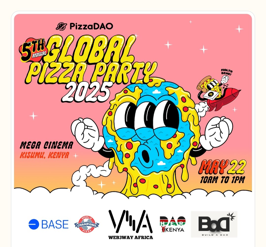 Attending the Global Pizza Party in Kisumu City today, celebrating 15 years since 10,000 BTC bought 2 pizzas!
Huge thanks to <a href="/Pizza_DAO/">PizzaDAO.eth 🍕🏴‍☠️</a>, <a href="/base/">Base</a>, and the World Pizza Champions for bringing us together!
#BitcoinPizzaDay #PizzaDAO #Kisumu #CryptoCommunity