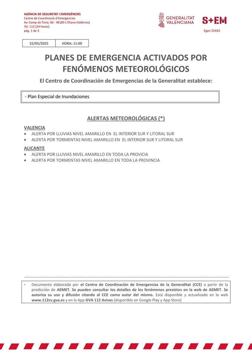 GVA112's tweet photo. (11:00h.)⛈️🌧️El Centre de Coordinació d'Emergències estableix:

🟡Alerta nivell groc pel risc de pluges i tempestes al litoral sud i interior sud de València i en la província d'Alacant https://t.co/d9gOc98obg
