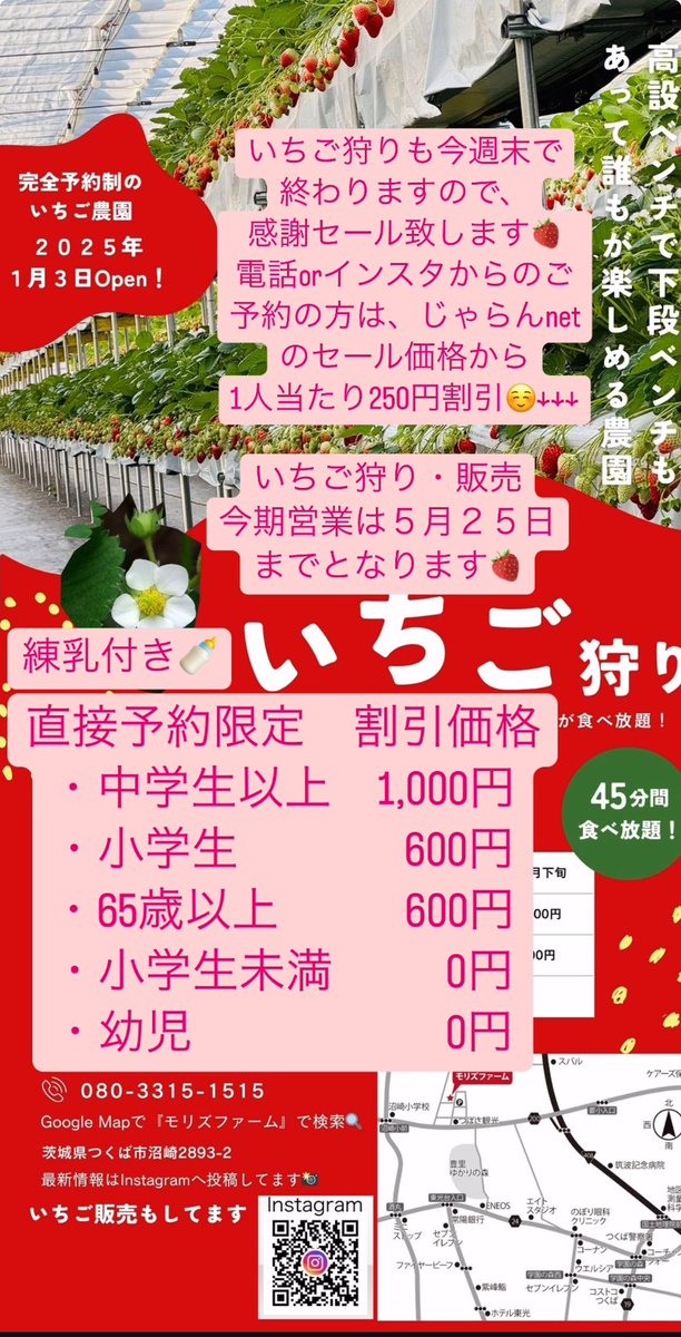 moris_farm's tweet photo. 感謝セールいちご狩り😁🍓
５月２４日・２５日

中学生以上　　1,000円
小学生                  600円
65歳以上            600円
小学生未満               0円
3歳　　　　　　　0円
※じゃらんnet以外のご予約時

いちご狩り、いちご販売
今期は5月２５日までとなります🙇‍♂️ https://t.co/k8nrwIp1mZ