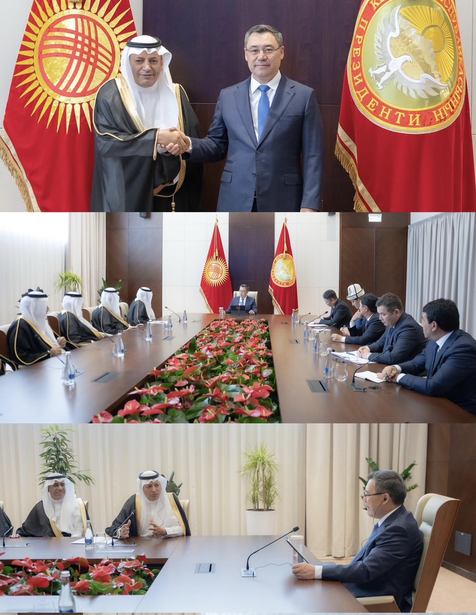 alhwaizy's tweet image. التقيت اليوم فخامة رئيس جمهورية قيرغيزستان / صدير جاباروف ، وقد أبدى فخامته ترحيبه بوفد رجال وسيدات الأعمال السعودي ، ووعد بتقديم تسهيلات وحوافز كبيره للمستثمرين السعوديين .