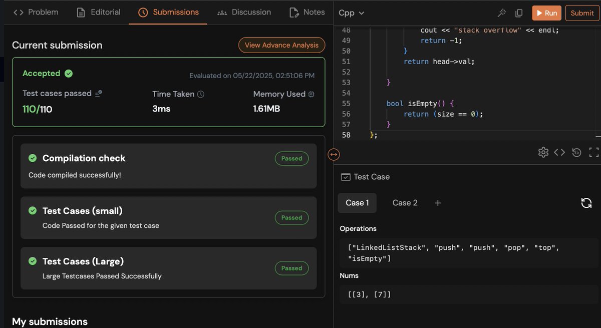 pratyush__dev's tweet photo. DSA grind continues!  Done these today:
>Queue using Stacks: Built a queue from scratch using     
    two stacks (O(n) enqueue, O(1) dequeue) 
>Used a linked list-based stack for dynamic sizing, 
   avoiding fixed-size array limitations https://t.co/6AvgViFulE