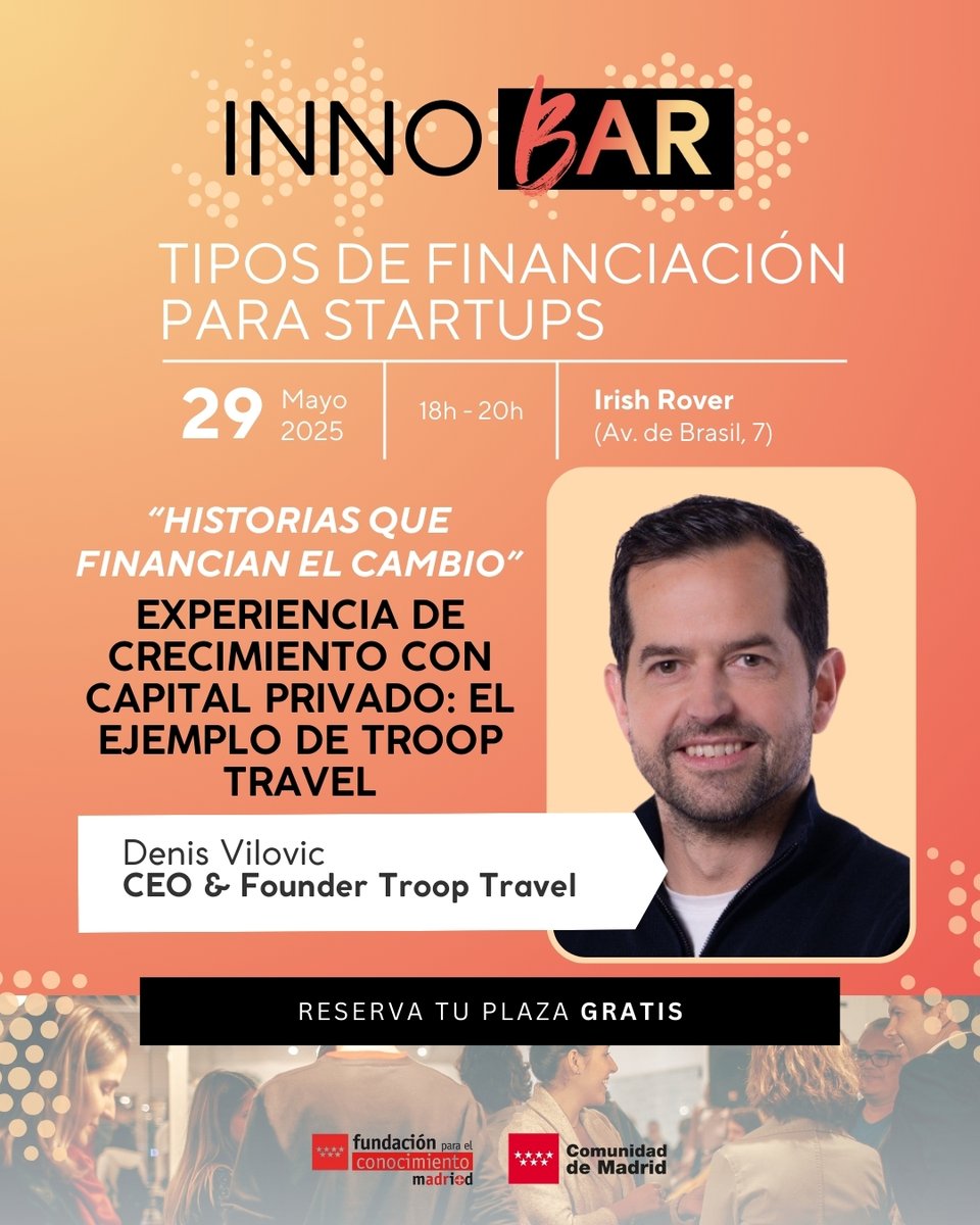 🚀<a href="/trooptravel/">trooptravel</a> creció con inversión privada. Denis Vilovic comparte cómo lo hizo en el 1º #Innobar sobre financiación.
📍 Irish Rover | 🗓 29 mayo | 🕕 18h
🍻 Entrada gratis con bebida y picoteo
🎟 ¡Últimas plazas! t.ly/_hZ03

 #networking #emprendimiento <a href="/madrimasd/">Madri+d</a>