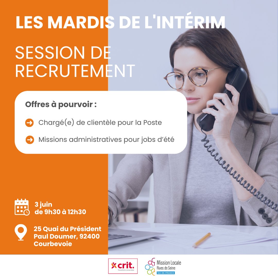 La MLRDS et CRIT Intérim organisent une session de #recrutement le 3 juin . 💼   

CRIT Intérim viendra présenter ses offres à pourvoir :
👉 Chargés de clientèle pour la Poste
👉 Missions administratives pour l'été
 
Plus d'infos : mlrivesdeseine.com/mardi-interim-…