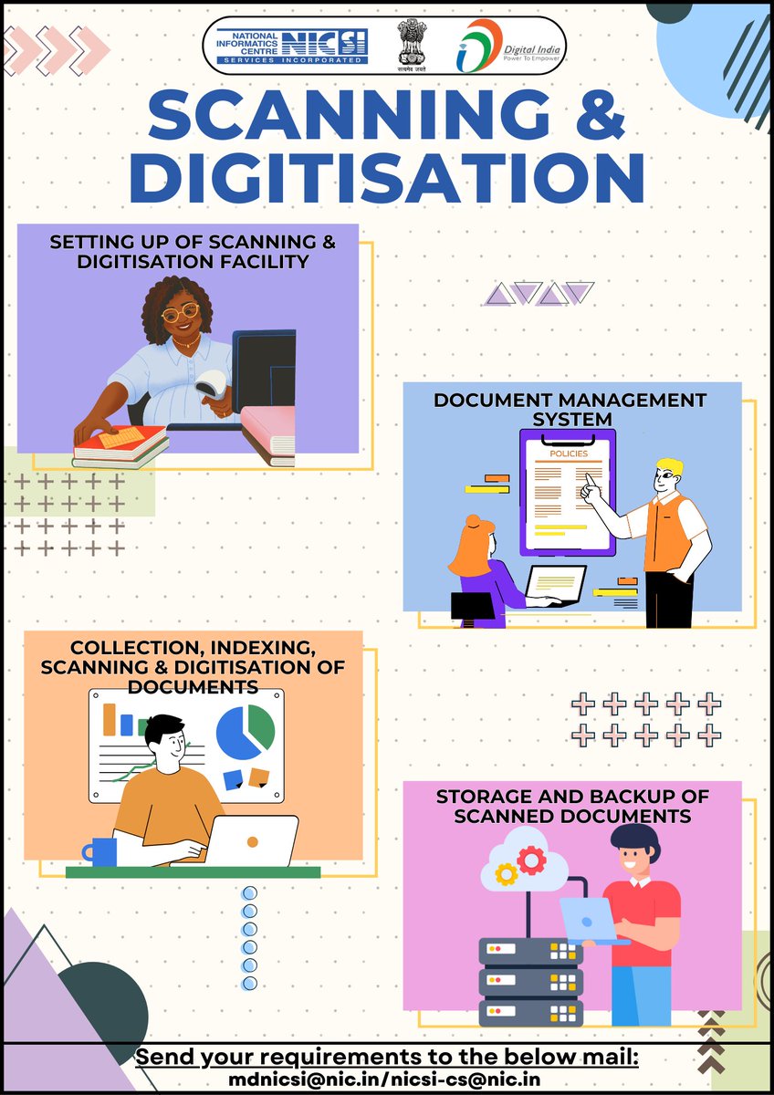 National Informatics Centre Services Inc. (@meity_nicsi) on Twitter photo NICSI offers Scanning & Digitisation services👇
<a href="/NICMeity/">NIC</a> <a href="/GoI_MeitY/">Ministry of Electronics & IT</a> <a href="/_DigitalIndia/">Digital India</a>
#NICSI #PostOfTheDay #Scanning #Digitisation #service #servicepost NICSI offers Scanning & Digitisation services👇
<a href="/NICMeity/">NIC</a> <a href="/GoI_MeitY/">Ministry of Electronics & IT</a> <a href="/_DigitalIndia/">Digital India</a>
#NICSI #PostOfTheDay #Scanning #Digitisation #service #servicepost