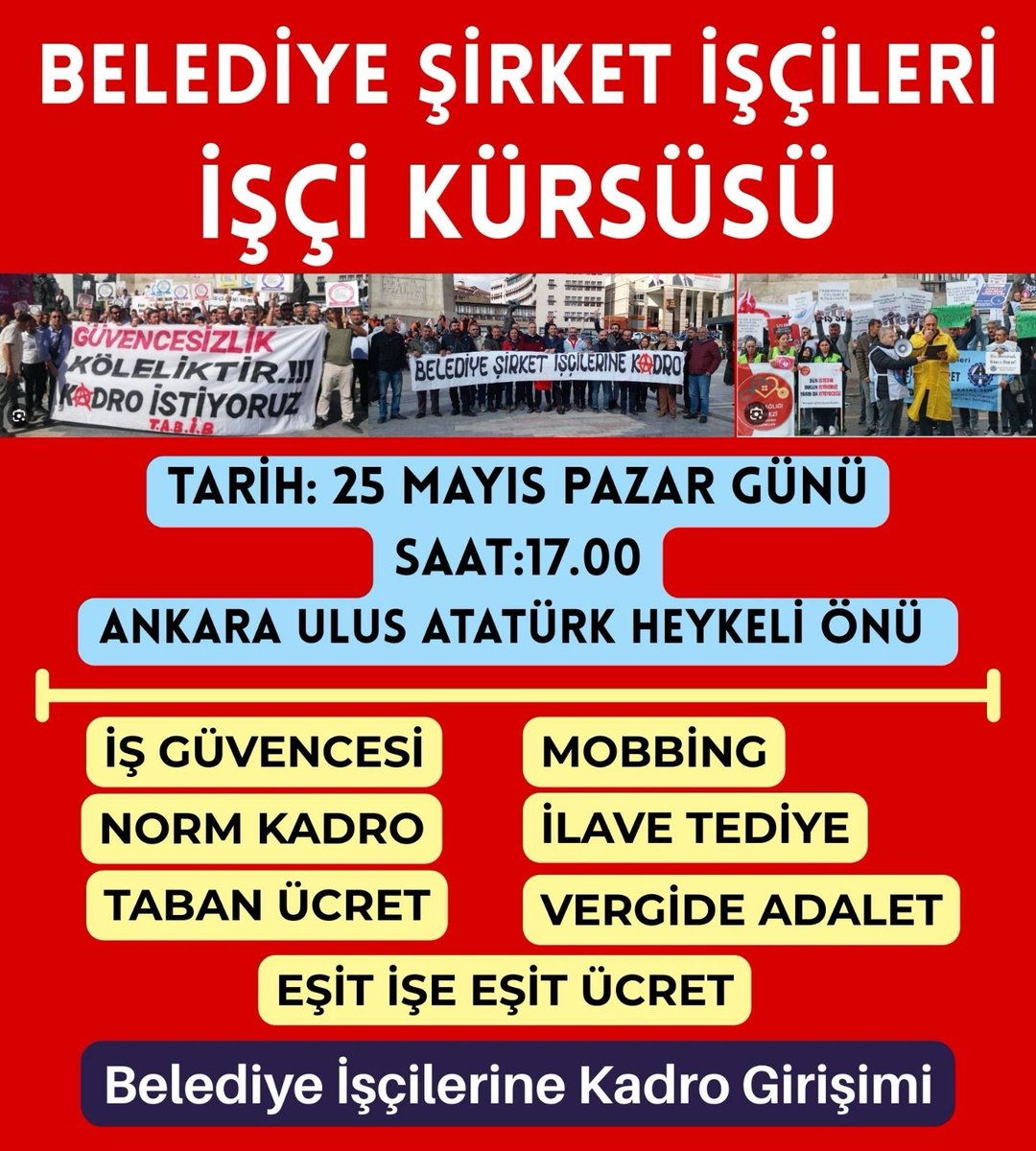 TABİB Türkiye (@tabibturkiye) on Twitter photo 25 Mayıs Pazar günü belediye işçileri İstanbul ve Ankara'da 'Belediye İşçilerine Kadro Girisimi' <a href="/Belediye_KADRO_/">Belediye İşçilerine KADRO Girişimi</a> adıyla alanlara çıkıyor.
Yıllar içinde kamu işçisi olma vasfını yok ettiler. Oysa o kamu işçisi olmak için bizden önceki işçi kuşakları ne mücadeleler vermişlerdi. 25 Mayıs Pazar günü belediye işçileri İstanbul ve Ankara'da 'Belediye İşçilerine Kadro Girisimi' <a href="/Belediye_KADRO_/">Belediye İşçilerine KADRO Girişimi</a> adıyla alanlara çıkıyor.
Yıllar içinde kamu işçisi olma vasfını yok ettiler. Oysa o kamu işçisi olmak için bizden önceki işçi kuşakları ne mücadeleler vermişlerdi.