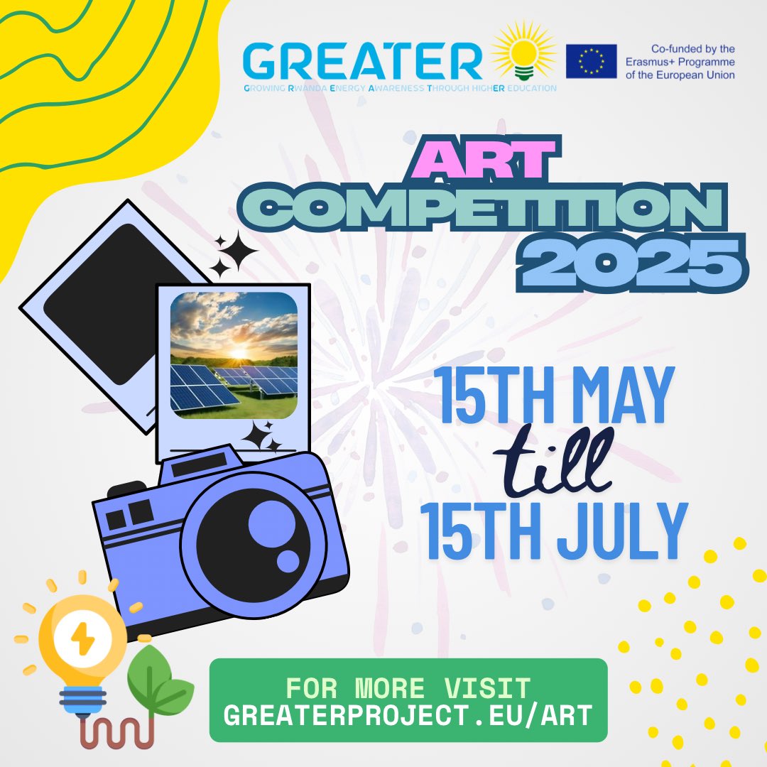 ErasmusGreater's tweet photo. We are inviting you to participate in competition, prizes are awesome!

@h_bonnrheinsieg @HSNiederrhein @unipr @CNRsocial_ @RwandaPolytec @INES_Ruhengeri @Uni_Rwanda @Tumba_College 
#artcompetition #art #greenenergy #europeanunion #erasmus #rwanda #greaterproject https://t.co/lm5uosp68c